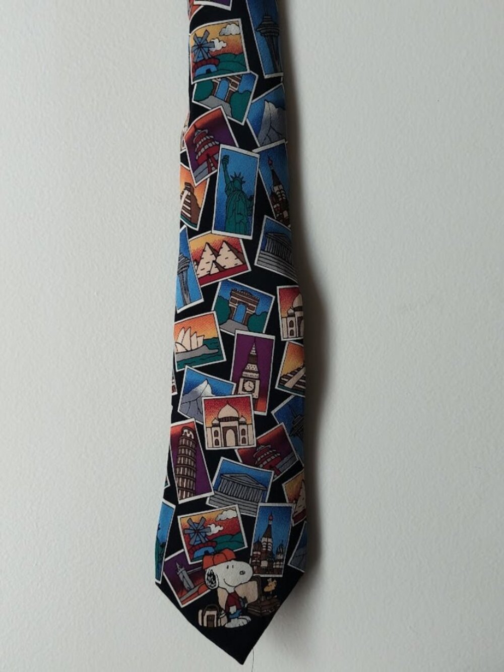 Snoopy Travel Theme Necktie Peanuts - multicolor postage stamp style 100% silk